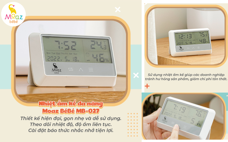 Nhiệt ẩm kế đa năng MB - 027 giúp mẹ theo dõi nhiệt độ, độ ẩm phòng của bé 