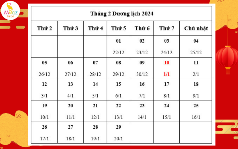 Lịch âm dương tháng 2 năm 2024