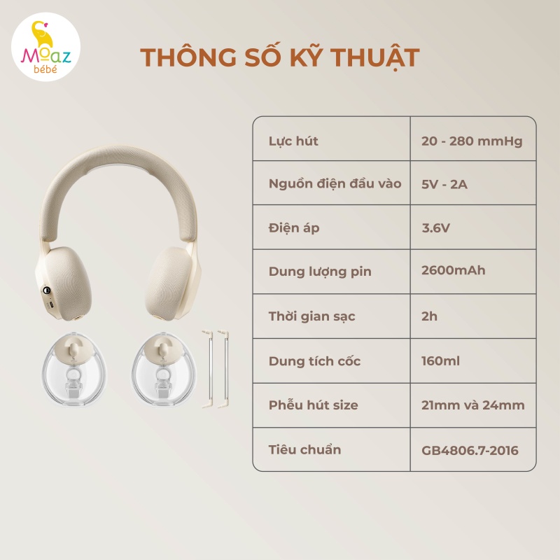 Thông số kỹ thuật máy hút sữa di động kèm chườm ấm cổ Moaz BéBé MB - 091