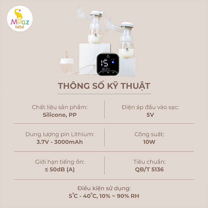 thông số kỹ thuật máy hút sữa điện đôi Moaz BéBé MB - 094