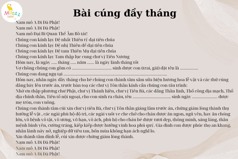 Bài cúng đầy tháng (cúng mụ) đơn giản nhất